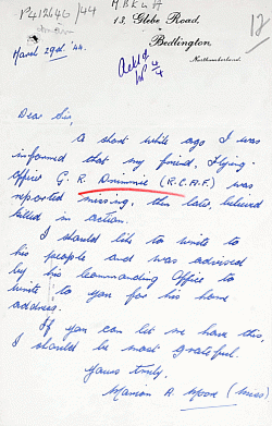 Marion Moore's letter enquiring after Gordon Drimmie